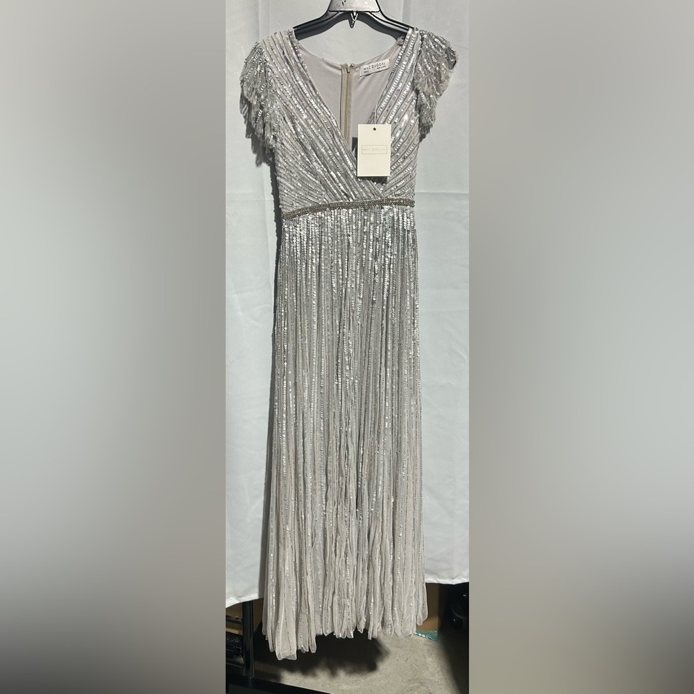 Mac Duggal 5502 NWT *Flawed Sequined Wrap Over Ruffled Cap Sleeve Gown